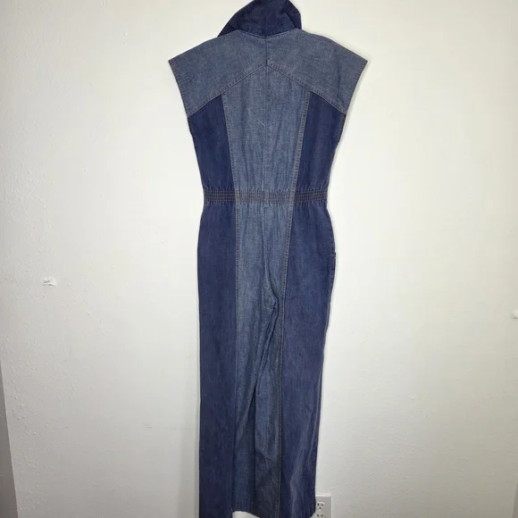 Vintage Two-Tone Denim Jumpsuit Romper with Front Zip - Picture 6 of 8